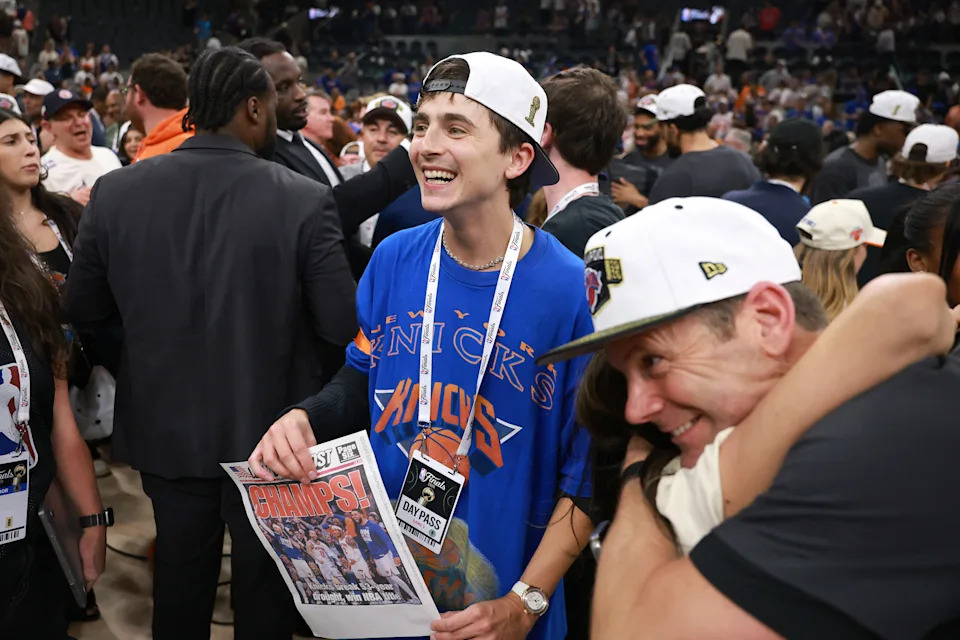 Timothée Chalamet celebrates after the New York Knicks' victory against the San Antonio Spurs in Game Five of the 2026 NBA Finals at Frost Bank Center on June 13, 2026 in San Antonio, Texas.