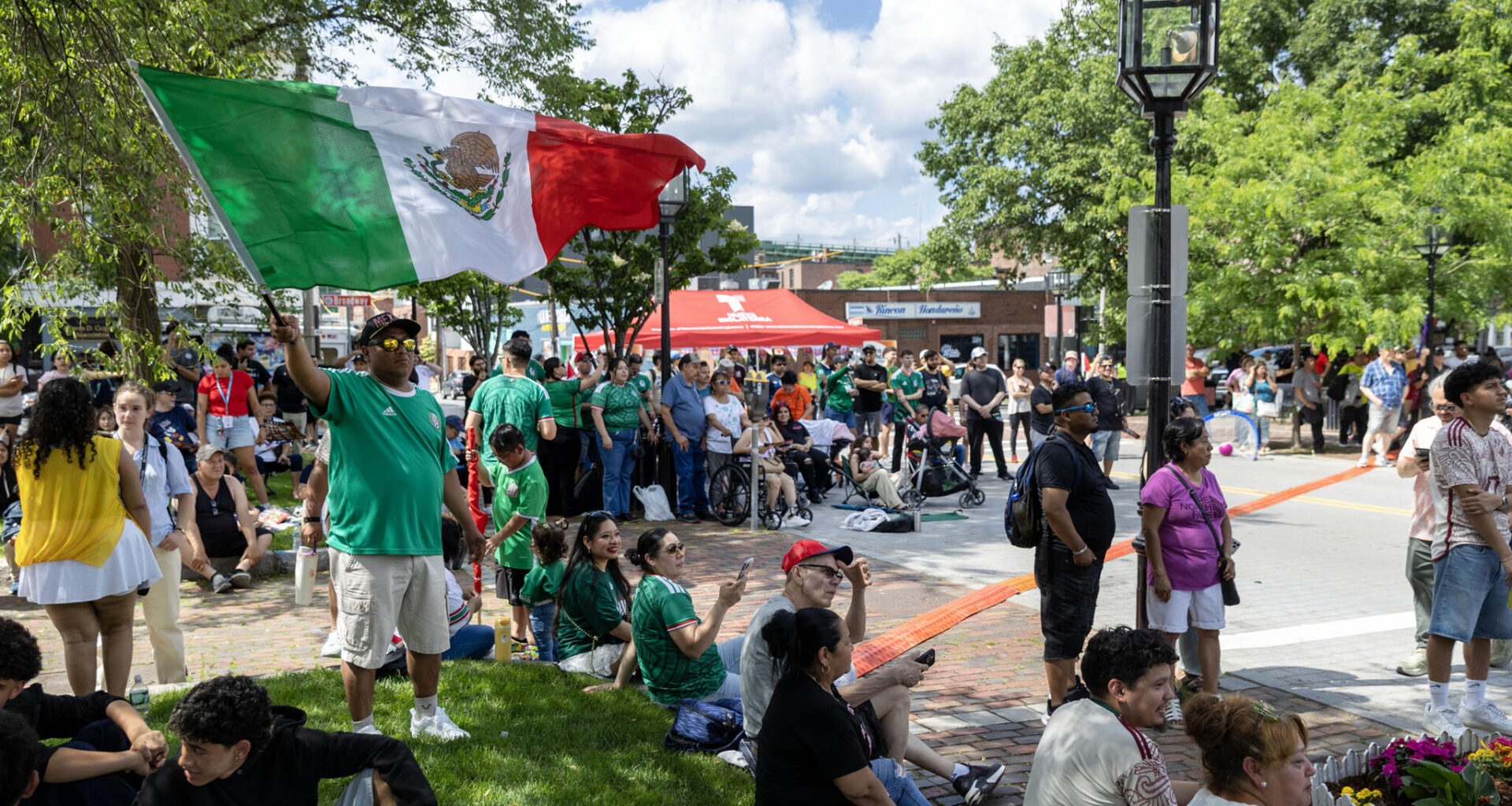 Soccer fans gathered in Chelsea Square to watch the first soccer game of the 2026 World Cup: Mexico vs. South Africa. (Robin Lubbock/WBUR)
