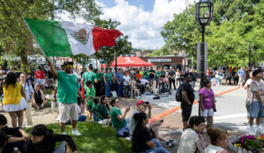 Soccer fans gathered in Chelsea Square to watch the first soccer game of the 2026 World Cup: Mexico vs. South Africa. (Robin Lubbock/WBUR)
