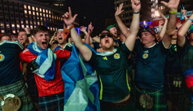 Scottish fans erupt as Scotland holds on to win their first game of the World Cup against Haiti 1-0 at the FIFA Fan Festival Boston at City Hall Plaza. (Jesse Costa/WBUR)