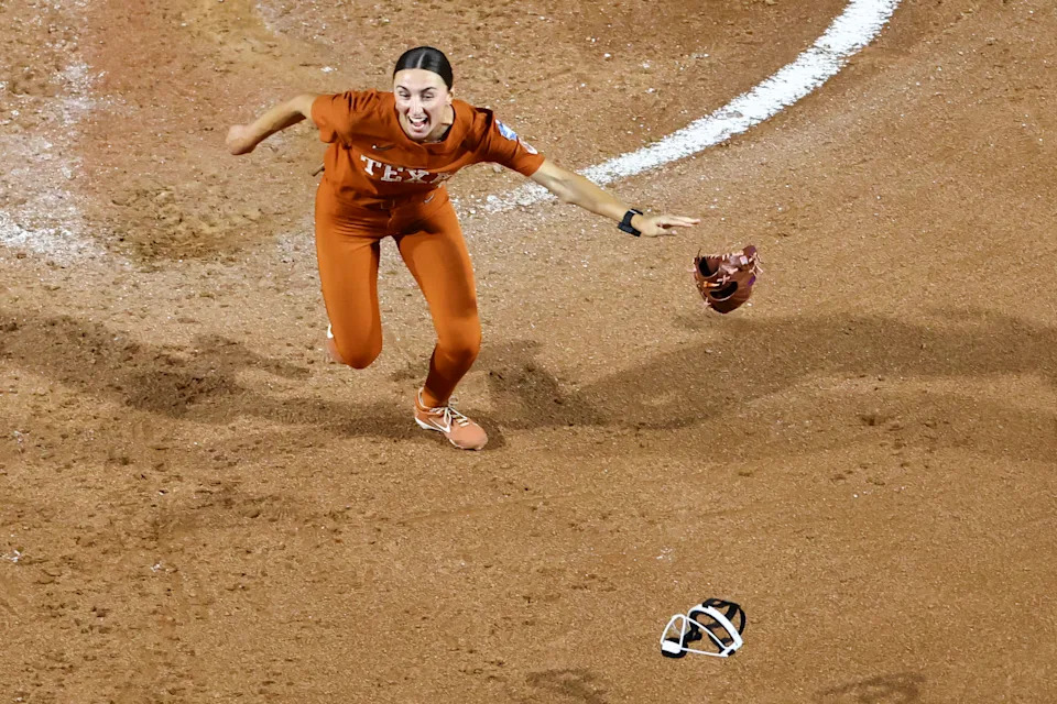 OKLAHOMA CITY, OKLAHOMA - JUNE 4: Teagan Kavan #17 of the Texas Longhorns throws her glove after throwing the final out to win the national championship against the Texas Tech Red Raiders during the Division I Softball Championship series held at Devon Park on June 4, 2026 in Oklahoma City, Oklahoma. (Photo by Chris Swann/NCAA Photos via Getty Images)