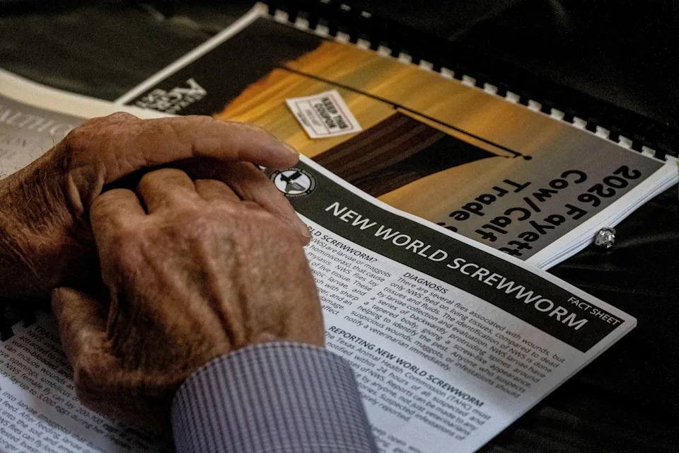 A cattle rancher attends a presentation discussing the threat of the New World Screwworm parasite during the Fayette County Cow/Calf Clinic and Trade Show in La Grange, Texas, U.S., May 1, 2026.