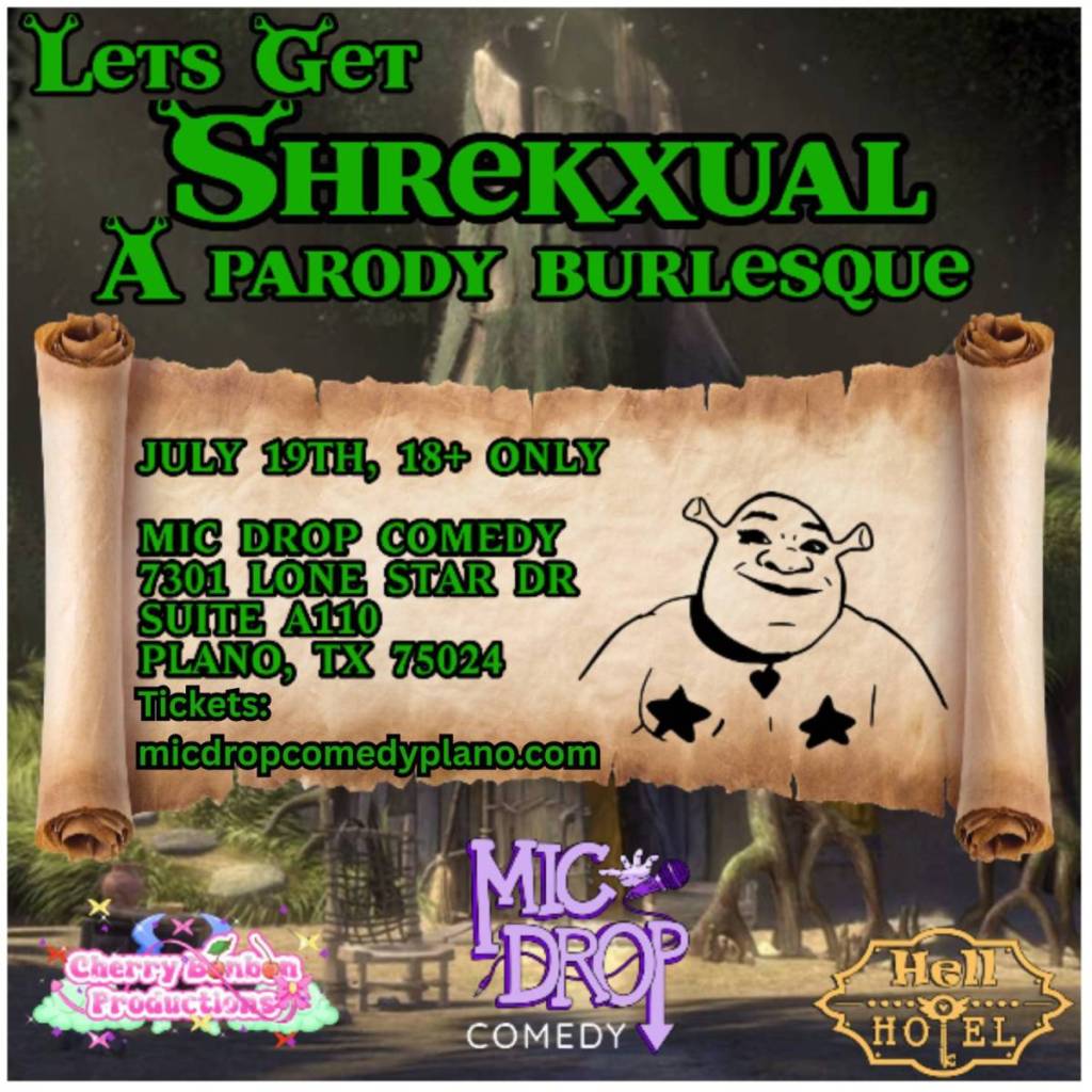Graphic shows information regarding the "Let's Get Shrekxual" show in Plano, Texas. 