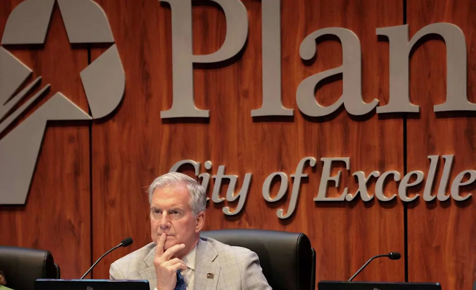Plano Mayor John Muns listens intently to a speaker during an open forum session as Plano City Council held a meeting for council members to vote on whether to approve key measures in the Dallas Stars’ proposed new arena at the Shops at Willow Bend. The meeting was conducted at the Senator Florence Shapiro Council Chambers, 1520 K Avenue in Plano, on June 8, 2026. (Steve Hamm/The Dallas Morning News)