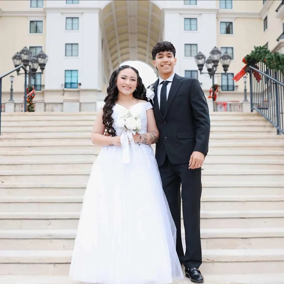 Hebert Kaleth Ibarra Castro, right, and Marisol Pantoja were married in August 2025 after meeting as students in Fox Tech High School's mariachi program. (Courtesy Marisol Pantoja )