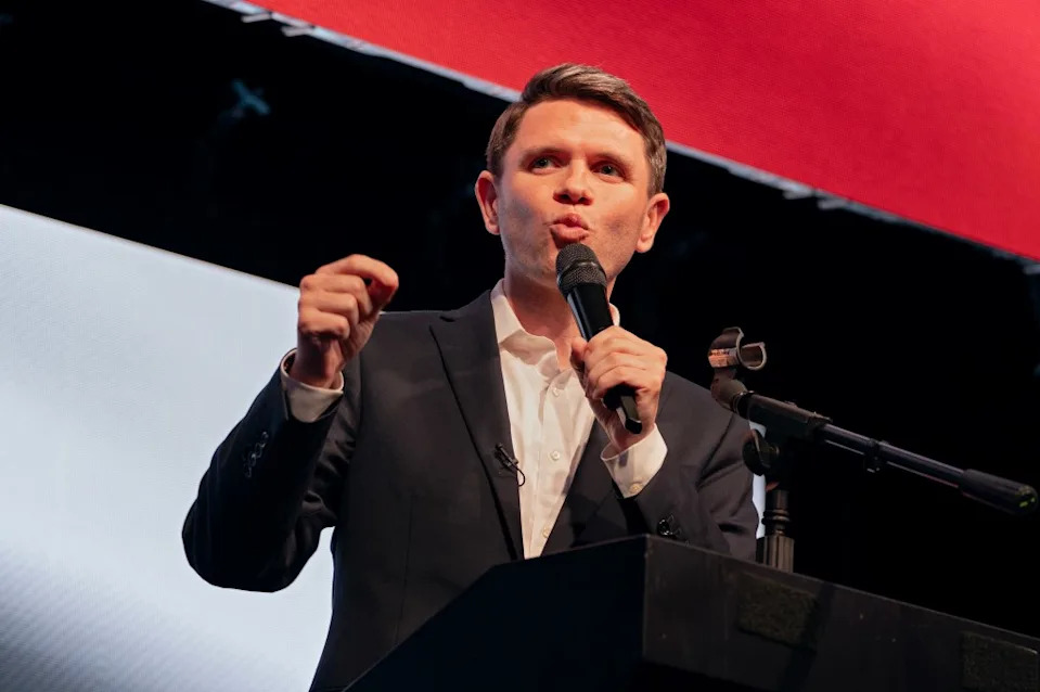 Texas state Representative James Talarico speaks at a rally in Houston on May 27, 2026.