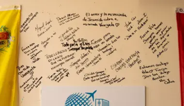 Messages of hope and support cover a wall beside a Venezuelan flag at MetaBox Cargo in Katy, Texas, on Thursday.