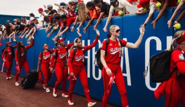 Kaitlyn Terry celebrates a strikeout against UCLA in the Women's College World Series.