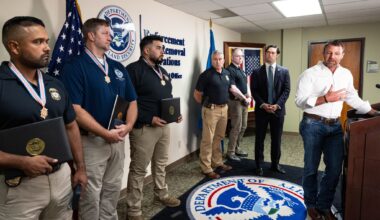 Dallas ICE officers are honored by Secretary of Homeland Security Markwayne Mullin for their actions during the 2025 shooting at the Dallas ICE field office in Dallas, Monday, June 1, 2026.
