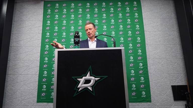 Dallas Stars head coach Glen Gulutzan speaks during media availability...