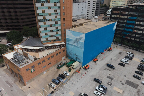 A section of a mural, known as the "Whaling Wall 82," created by artist Wyland, is visible as part of it on the right side of the building was painted over, Monday, May 18, 2026, in Dallas. (AP Photo/Julio Cortez)