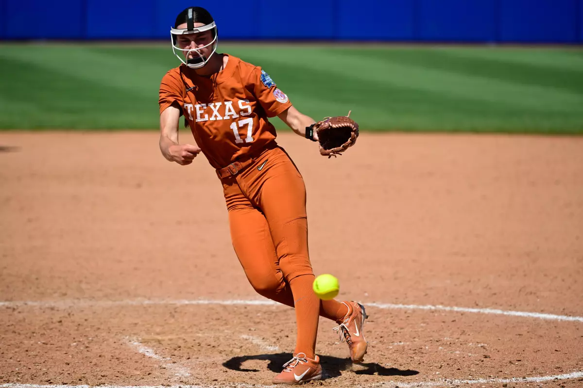 Texas Longhorns pitcher Teagan Kavan throws a pitch against Tennessee at the Women's College World Series.