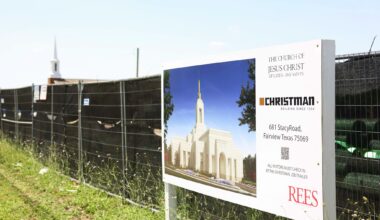 Signs displayed at the construction zone of the Fairview Texas Temple by the Church of Jesus Christ of Latter-day Saints, on Tuesday, May 12, 2026 in Fairview.