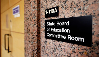 The State Board of Education meeting room is pictured inside the William B. Travis Building in Austin, Texas.