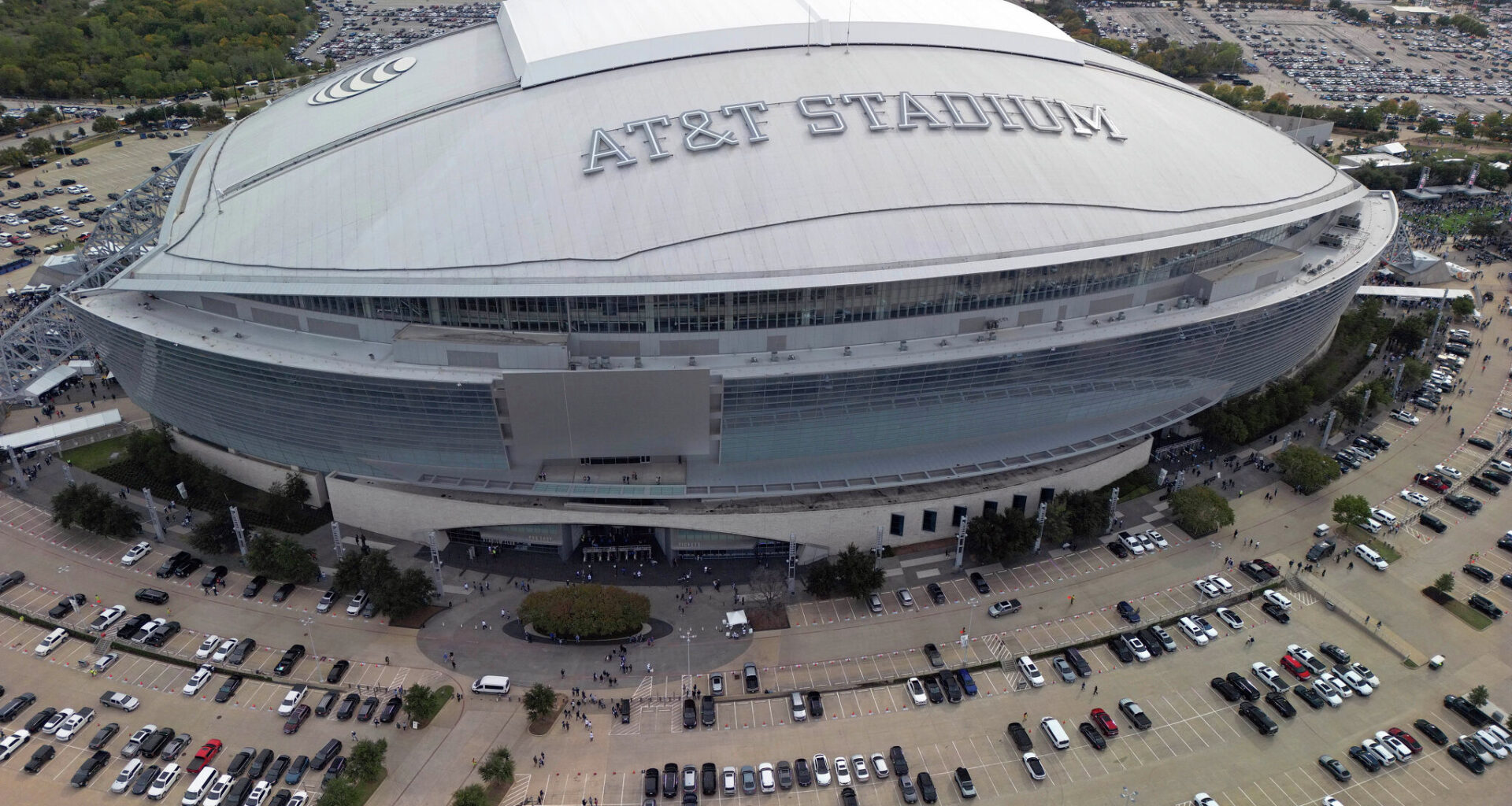 An overall aerial exterior general view of AT&amp;T Stadium before an NFL football game between the Dallas Cowboys and the New York Giants, Sunday, Nov. 12, 2023, in Arlington, Texas. The 2026 World Cup final will be played at MetLife Stadium in East Rutherford, N.J., on July 19. FIFA made the announcement Sunday, Feb. 4, 2024, at a Miami television studio, allocating the opener of the 39-day tournament to Mexico City's Estadio Azteca on June 11. Semifinals will be played on July 14 at AT&amp;T Stadium in Arlington, Texas, and the following day at Mercedes Benz Stadium in Atlanta. (AP Photo/Tyler Kaufman)