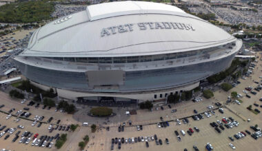 An overall aerial exterior general view of AT&amp;T Stadium before an NFL football game between the Dallas Cowboys and the New York Giants, Sunday, Nov. 12, 2023, in Arlington, Texas. The 2026 World Cup final will be played at MetLife Stadium in East Rutherford, N.J., on July 19. FIFA made the announcement Sunday, Feb. 4, 2024, at a Miami television studio, allocating the opener of the 39-day tournament to Mexico City's Estadio Azteca on June 11. Semifinals will be played on July 14 at AT&amp;T Stadium in Arlington, Texas, and the following day at Mercedes Benz Stadium in Atlanta. (AP Photo/Tyler Kaufman)