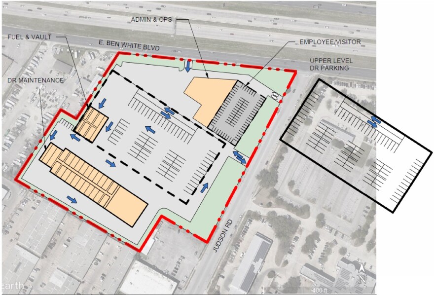 An aerial map view of the 11.5-acre CapMetro Demand Response facility on East Ben White Boulevard. 
