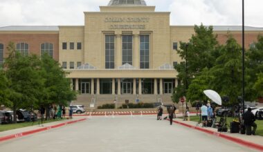 Reporters set up outside of the Collin County Courthouse in McKinney, TX, Thursday, June 4, 2026. Opening arguments are set to begin in the Karmelo Anthony trial.
