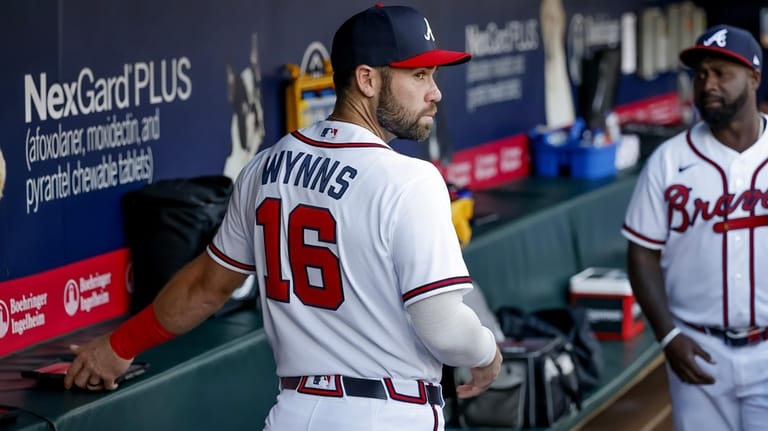Newly acquired Atlanta Braves catcher Austin Wynns stands in the...