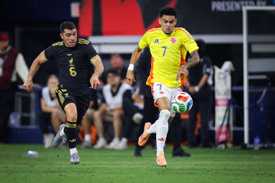 Colombia’s Luis Diaz follows the ball during the Mexico vs. Colombia MexTour soccer match Saturday, October. 11. 2025, at AT&T Stadium in Arlington.