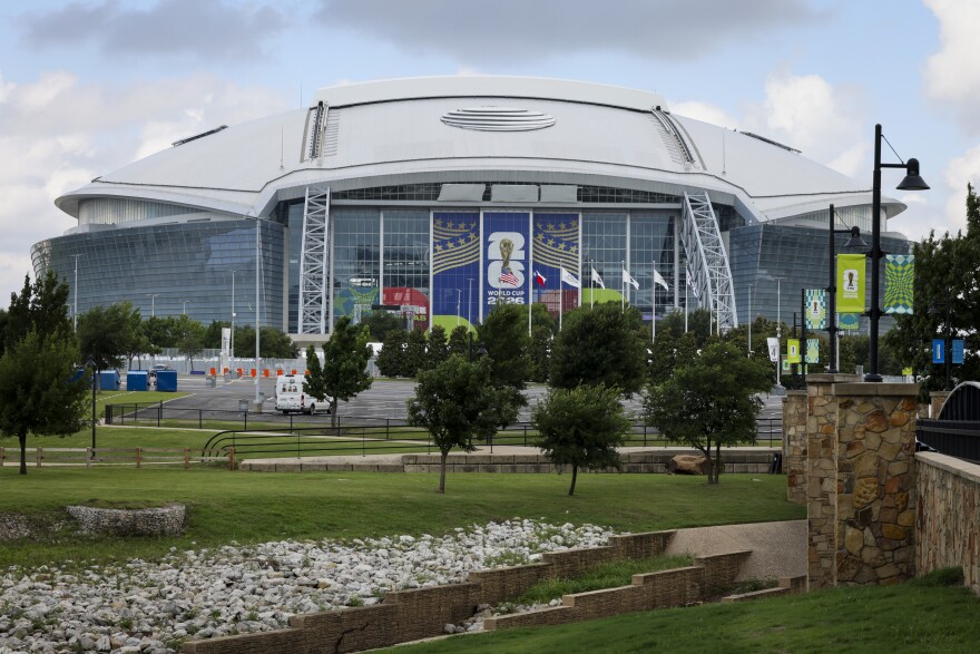 Dallas Stadium and the entertainment district prepares signage and decorations for the FiFA World Cup games.