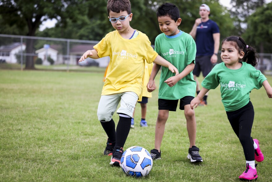 Children in the Jump Start Sports program practice soccer Saturday, May 23, 2026, in Euless.