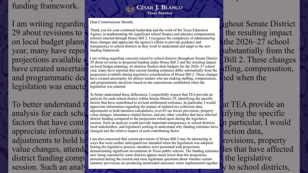 Texas State Senator Cesar Blanco's letter to the TEA. Page 1. Credit: Texas State Senator Cesar Blanco via X