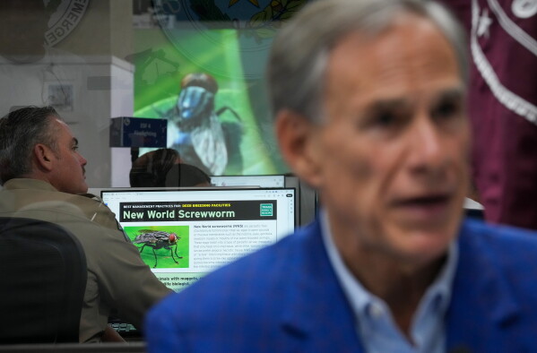 Gov. Greg Abbott speaks during a news conference about Texas' response to the New World Screwworm at the State Operations Center in Austin, Texas on Friday, June 5, 2026. (Jay Janner/Austin American-Statesman via AP)