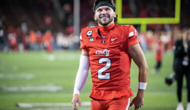 Cincinnati quarterback Brendan Sorsby throws a pass during the second half of an NCAA college football game against Iowa State, Saturday, Nov. 16, 2024, in Ames, Iowa. (AP Photo/Charlie Neibergall)