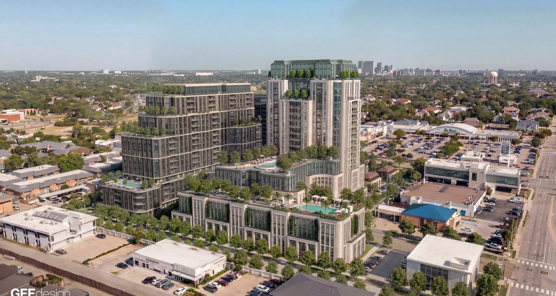 A rendering of the proposed towers at Preston Road and Royal Lane in Dallas’ Preston Hollow neighborhood. The tallest building will be 240 feet.