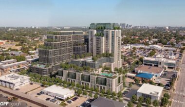 A rendering of the proposed towers at Preston Road and Royal Lane in Dallas’ Preston Hollow neighborhood. The tallest building will be 240 feet.