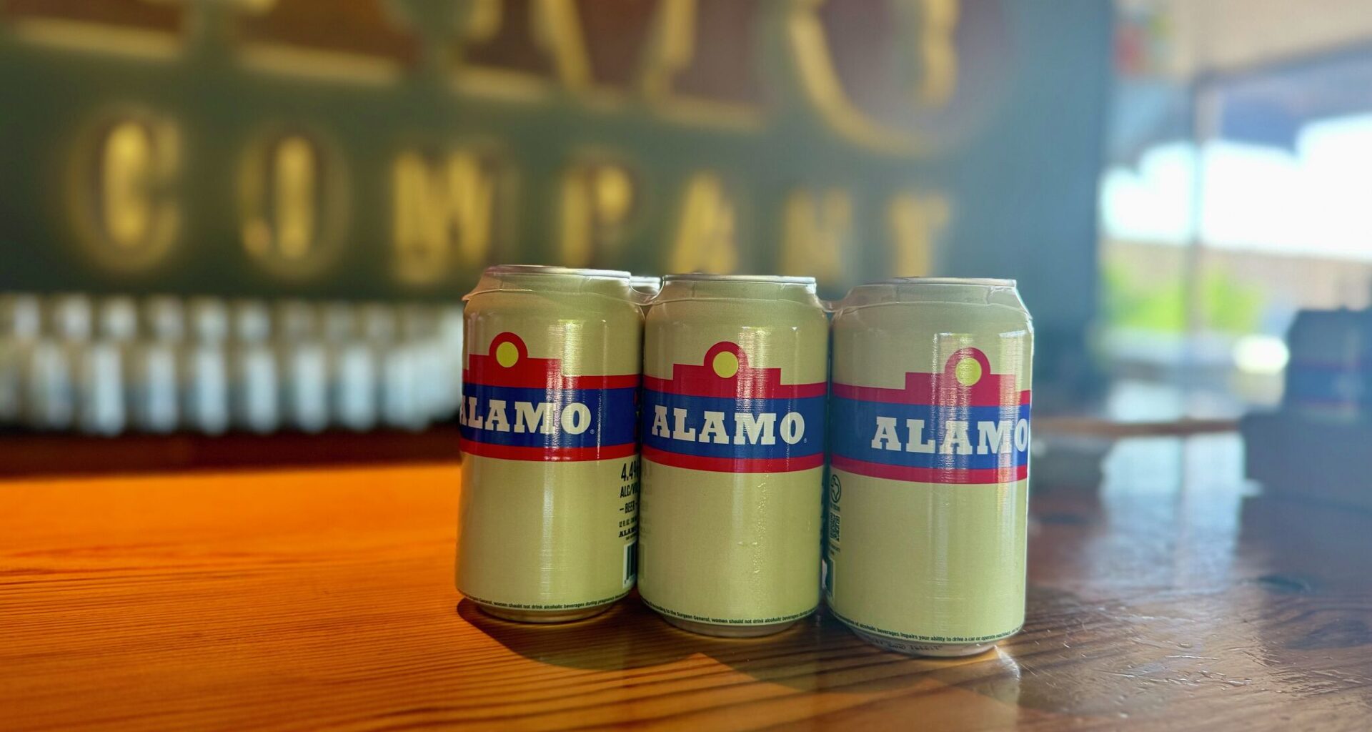 A six-pack of Alamo beer sits on the counter at Alamo Beer Co.'s Eastside brewery. 