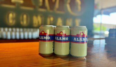 A six-pack of Alamo beer sits on the counter at Alamo Beer Co.'s Eastside brewery. 