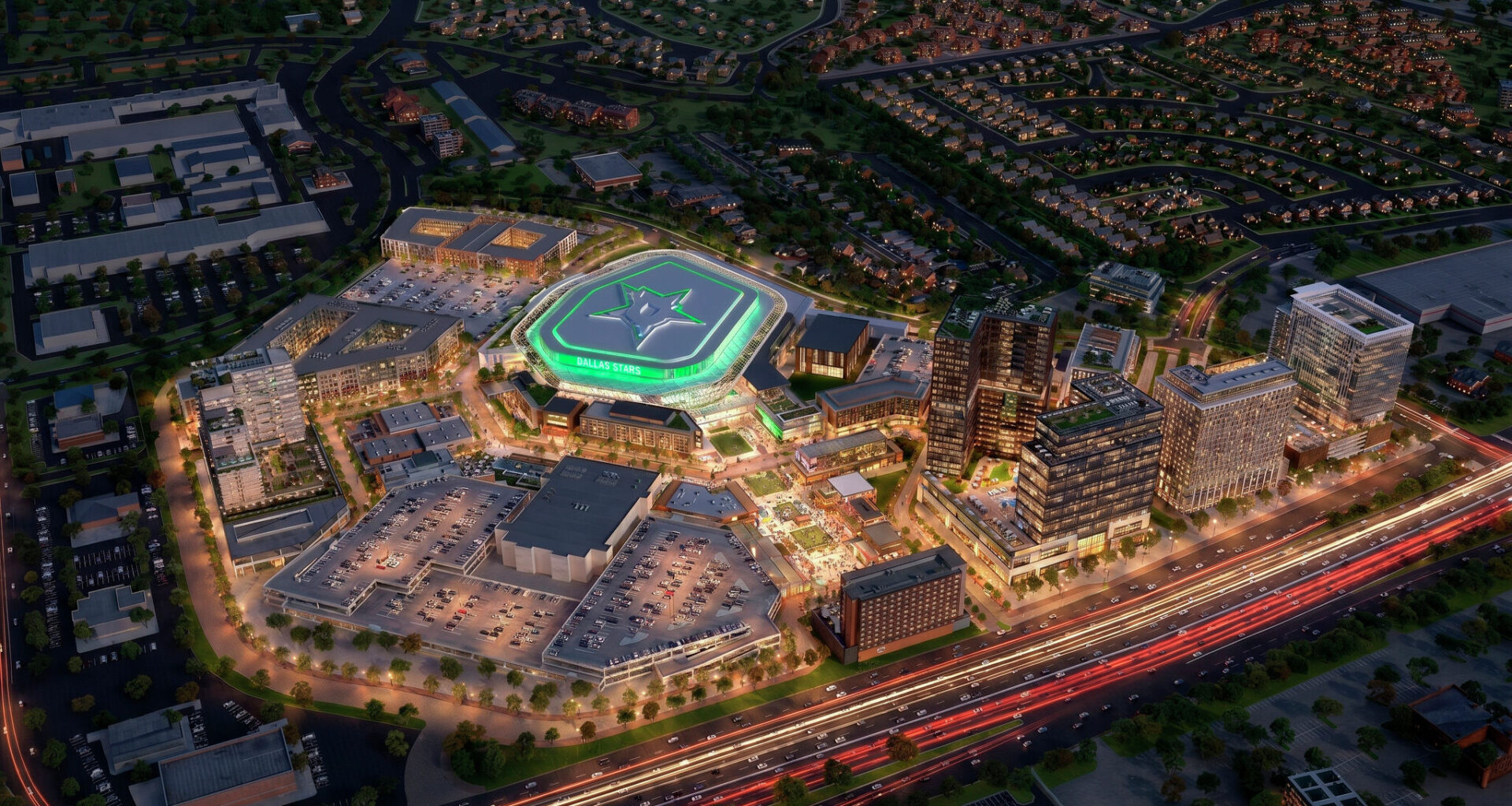 A rendering for the proposed new development for the planned Dallas Stars arena and entertainment complex. 