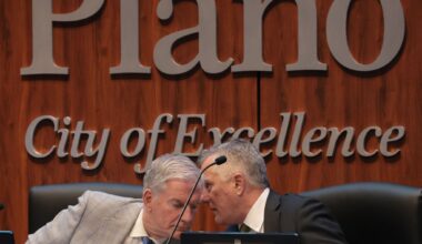 Plano City Manager Mark Israelson, right, shares information with Plano Mayor John Muns during a meeting for council members to vote on whether to approve key measures in the Dallas Stars’ proposed new arena at the Shops at Willow Bend. The meeting was conducted at the Senator Florence Shapiro Council Chambers, 1520 K Avenue in Plano, on June 8, 2026.