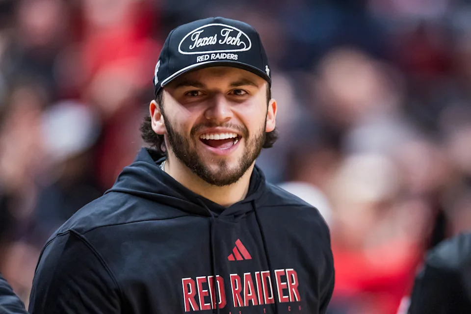 LUBBOCK, TEXAS - JANUARY 24: Future Texas Tech quarterback Brendan Sorsby shouts during the first half of the game between the Houston Cougars and the Texas Tech Red Raiders at United Supermarkets Arena on January 24, 2026 in Lubbock, Texas. (Photo by John E. Moore III/Getty Images)