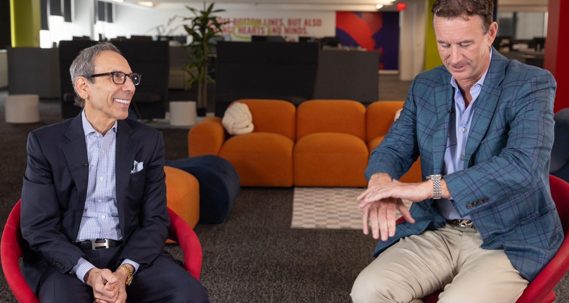 Steve Levin, Centennial founder and CEO, and Brad Alberts, Stars president and CEO, speak with The News in Dallas, June 5, 2026.