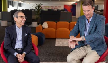 Steve Levin, Centennial founder and CEO, and Brad Alberts, Stars president and CEO, speak with The News in Dallas, June 5, 2026.