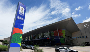A Dallas police car is seen outside the FIFA World Cup 2026 International Broadcast Center (IBC) at the Kay Bailey Hutchison Convention Center, Monday, June 1, 2026, in Dallas.