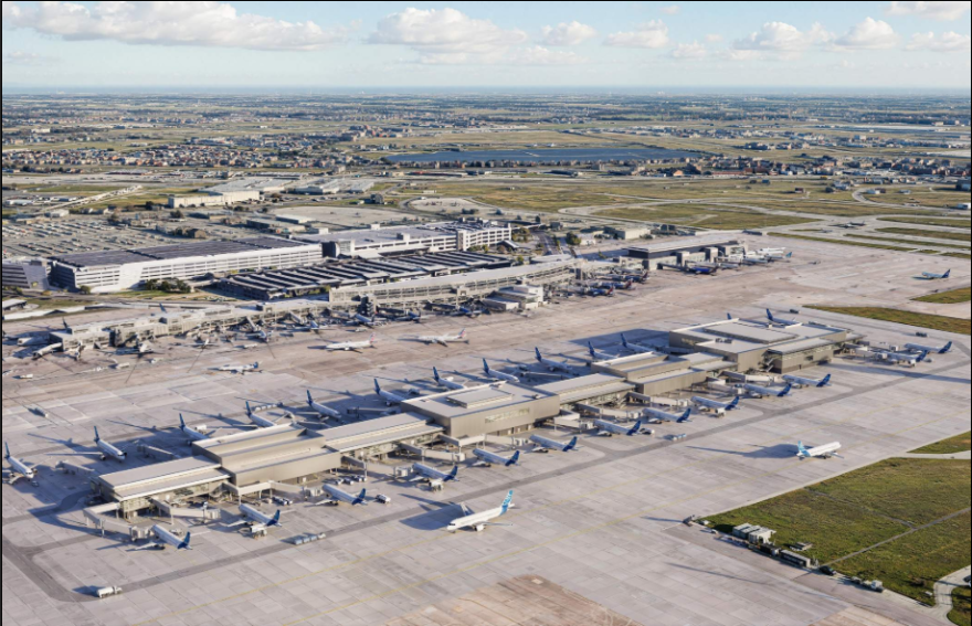 A rendering showing an aerial view of a new concourse at ABIA with planes parked around it.