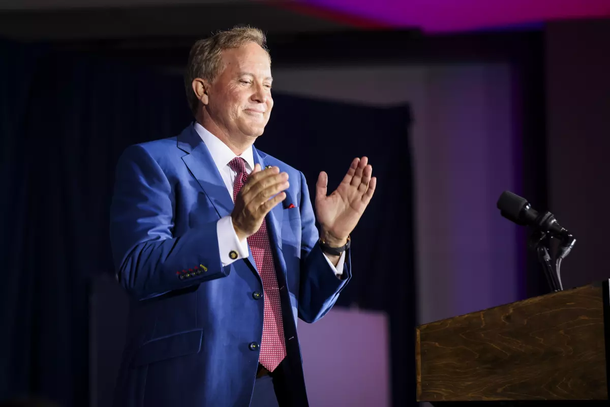 Ken Paxton addresses the crowd after taking the runoff election Tuesday, May 26, 2026, in Plano.