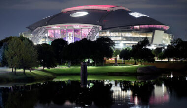 Part of the AT&amp;T Stadium sign has been covered ahead of the FIFA World Cup. All advertising inside and outside the stadium, including the logo pictured, is being covered for the soccer matches.