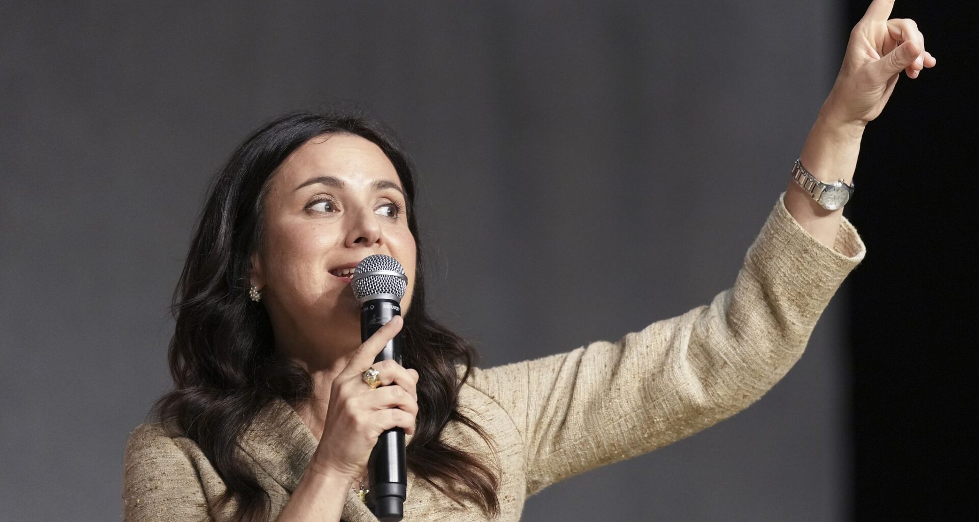 Texas state Rep., and Democratic candidate for governor, Gina Hinojosa addresses a campaign rally in Plano, Monday, June 1, 2026.