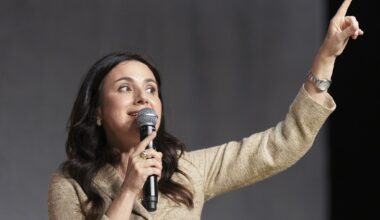 Texas state Rep., and Democratic candidate for governor, Gina Hinojosa addresses a campaign rally in Plano, Monday, June 1, 2026.
