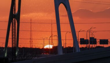 The sun sets behind Interstate 30 and Oak Cliff, Friday, March 6, 2026, in Dallas.