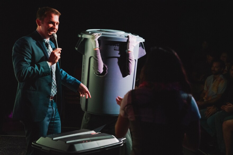 Trenton Bradley on stage at Did I Win? at Fallout Theater on Saturday, May 9, 2026. Isak Kotecki/KUT