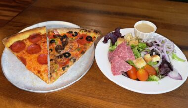 Bootleggers Pizza Parlor serves a pizza lunch special with salad and a drink in downtown New Braunfels, Texas.