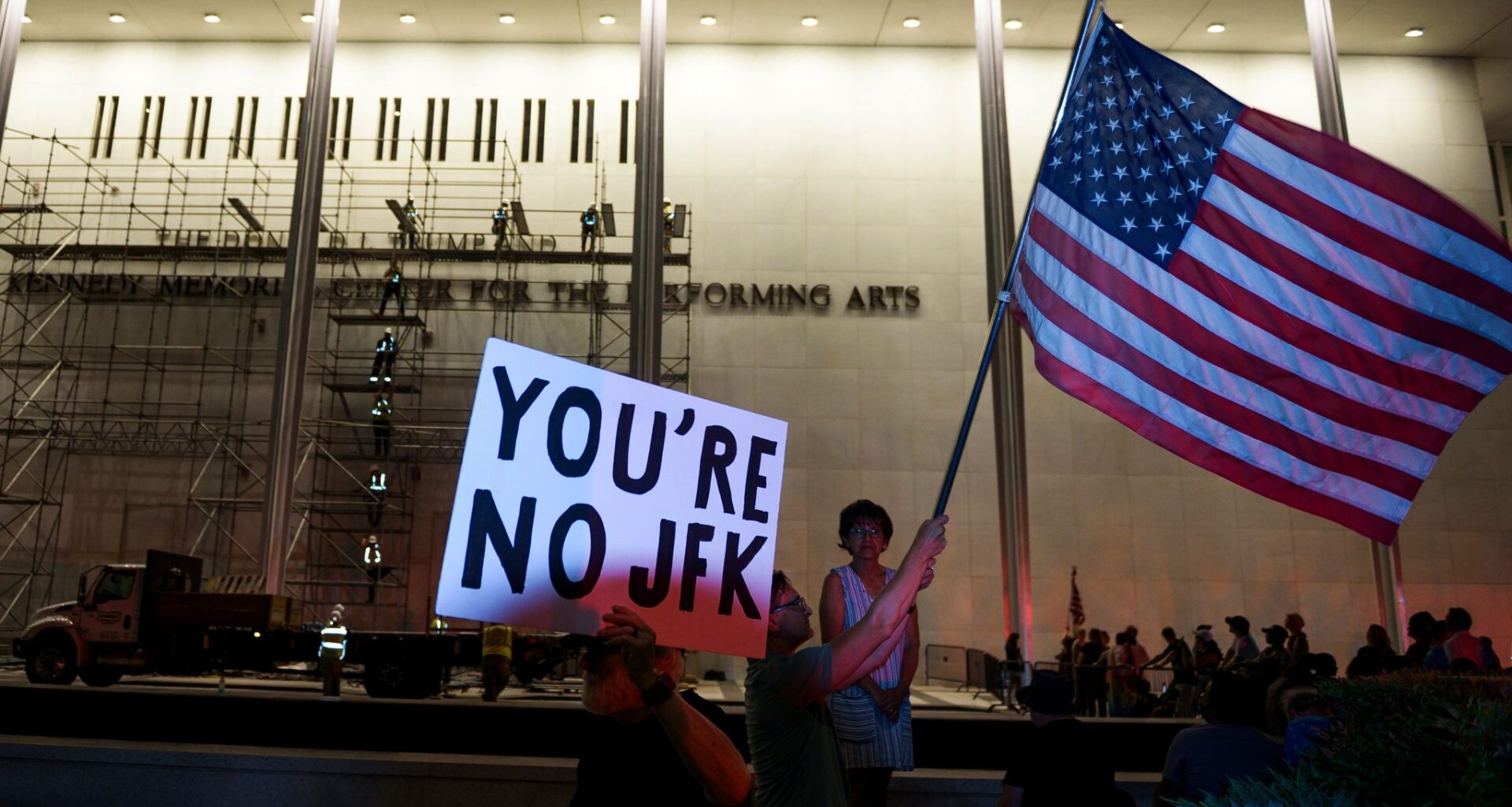 Trump's name is still on the Kennedy Center, though officials say it will be down by noon