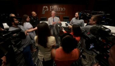 Plano Mayor John Muns answers a question during a news conference following a meeting for council members to vote on whether to approve key measures in the Dallas Stars’ proposed new arena at the Shops at Willow Bend. The meeting was conducted at the Senator Florence Shapiro Council Chambers, 1520 K Avenue in Plano, on June 8, 2026.