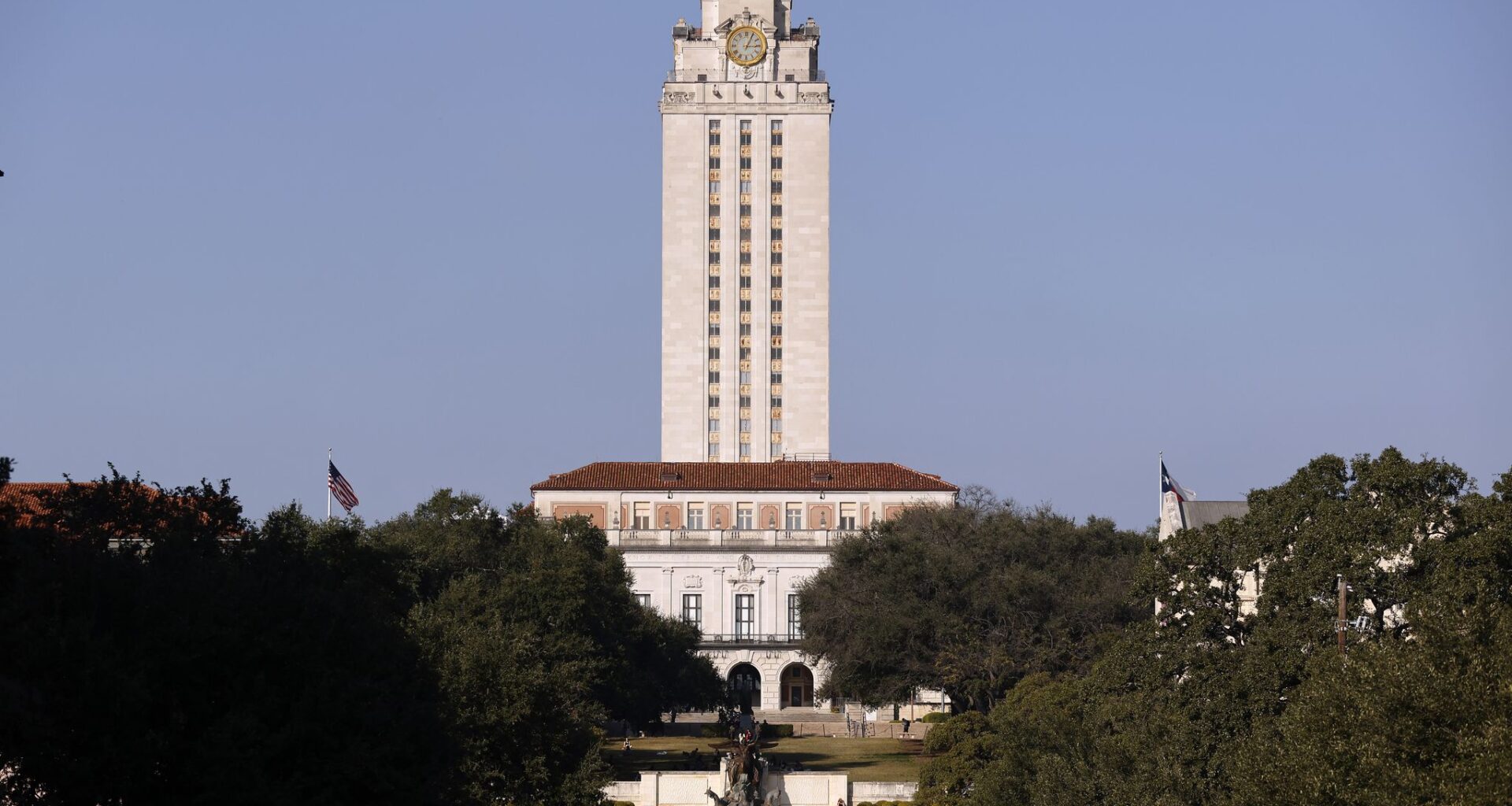 The 307-foot-tall landmark UT Tower is pictured on the University of Texas campus in Austin, Texas in 2021. 